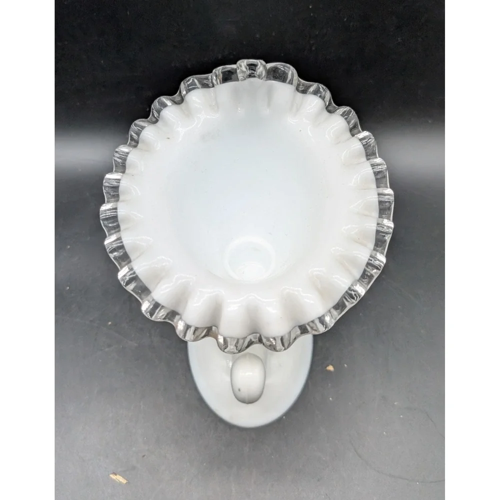 Fenton Milk Glass Silver Crest Ruffled Cornucopia Vase White Clear Edge Vintage